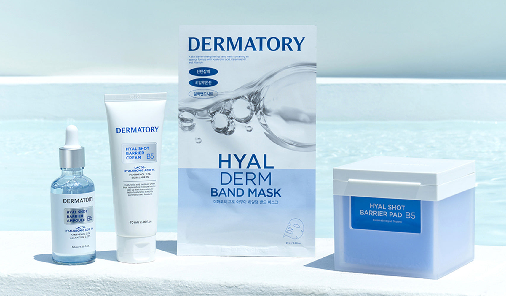 Dermatory Hyal Derm skincare set against a serene water backdrop, featuring serum, cream, mask, and barrier pads for hydration.