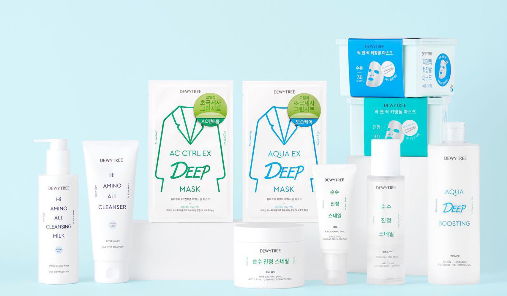 Assorted Dewytree skincare products including cleansers and deep masks displayed on a light blue background.