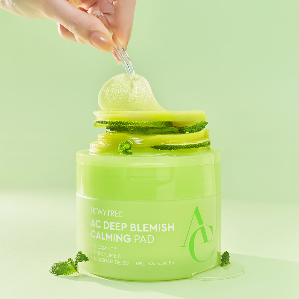 DEWYTREE AC Control EX Deep Trace Soothing Blemish Pads 80 Sheets displayed with green packaging and calming ingredients.