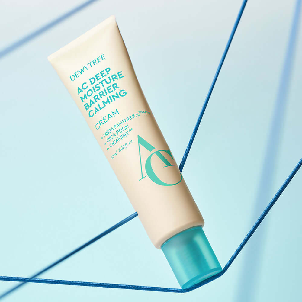 DEWYTREE AC Deep Barrier Soothing Moisturizing Cream 60ml tube on a stylish background, highlighting its calming properties.