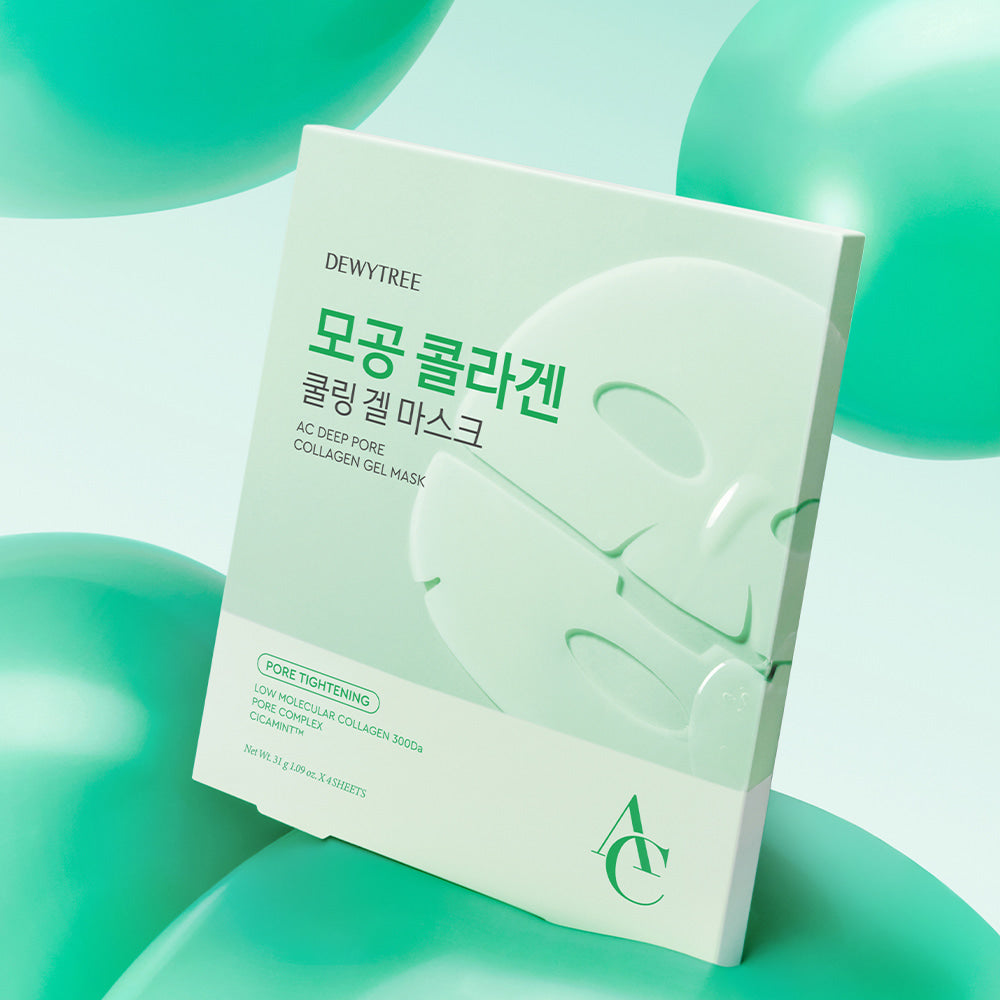 DEWYTREE AC Deep Pore Collagen Gel Mask 4 Sheets product packaging with green background and design elements.