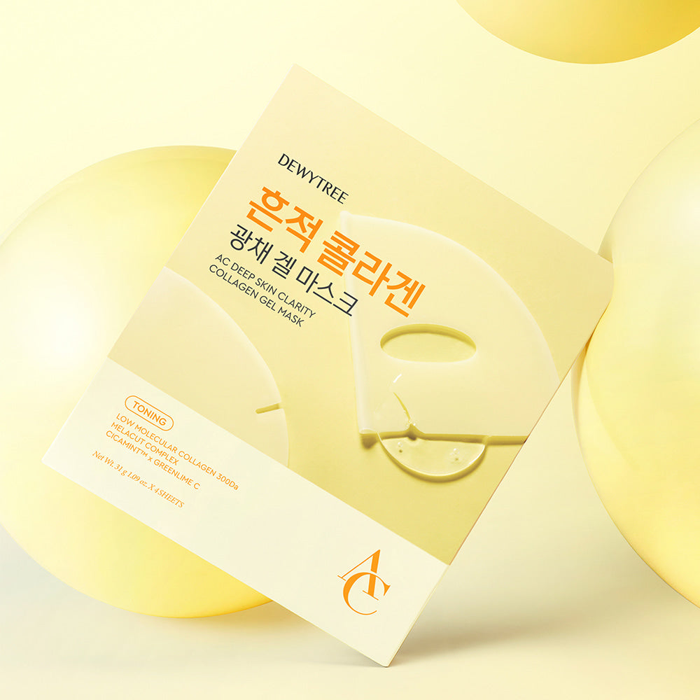 DEWYTREE AC Deep Skin Clarity Collagen Gel Mask 4 Sheets packaging with yellow background