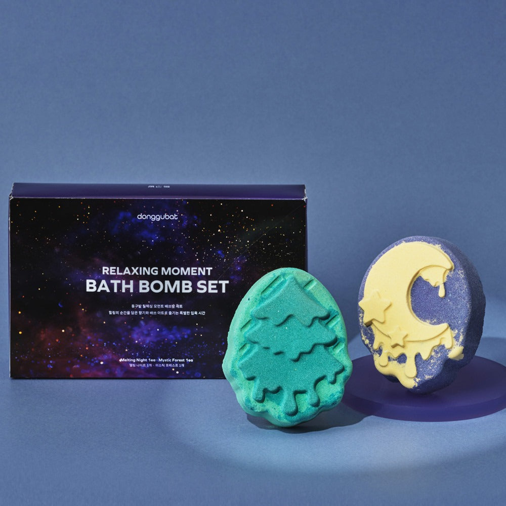 DONGGUBAT Feild Relaxing Moment Bath Bomb Bath Set with cosmic-themed packaging and uniquely shaped bath bombs.