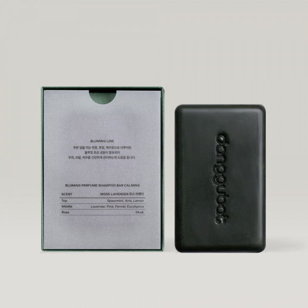 DONGGUBAT Field Blooming Perfume Shampoo Bar Calming 80g in black packaging, showcasing the front and back of the product.