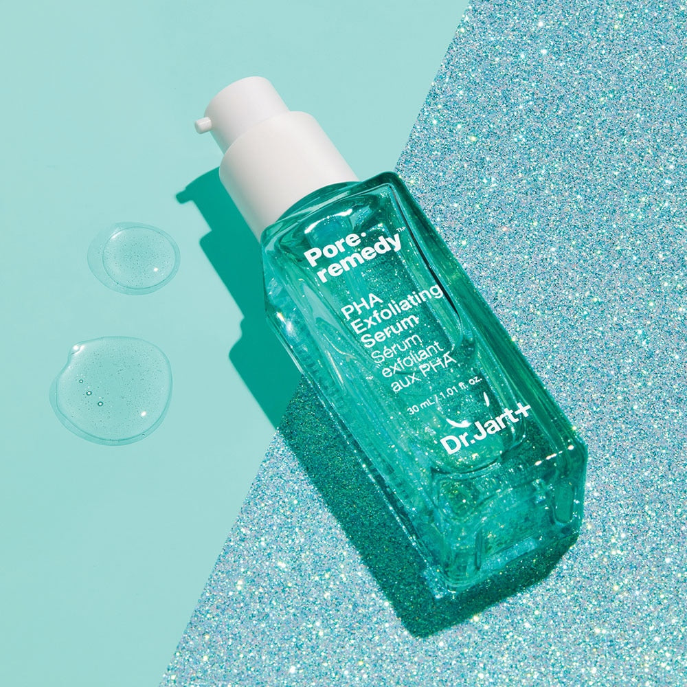 DR. JART+ Pore Remedy PHA Exfoliating Serum 30ml bottle with glitter background