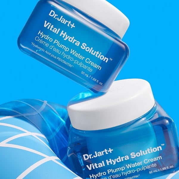 DR. JART+ Vital Hydra Solution Hydro Plump Water Cream 50ml in blue jars with white caps on a vibrant background