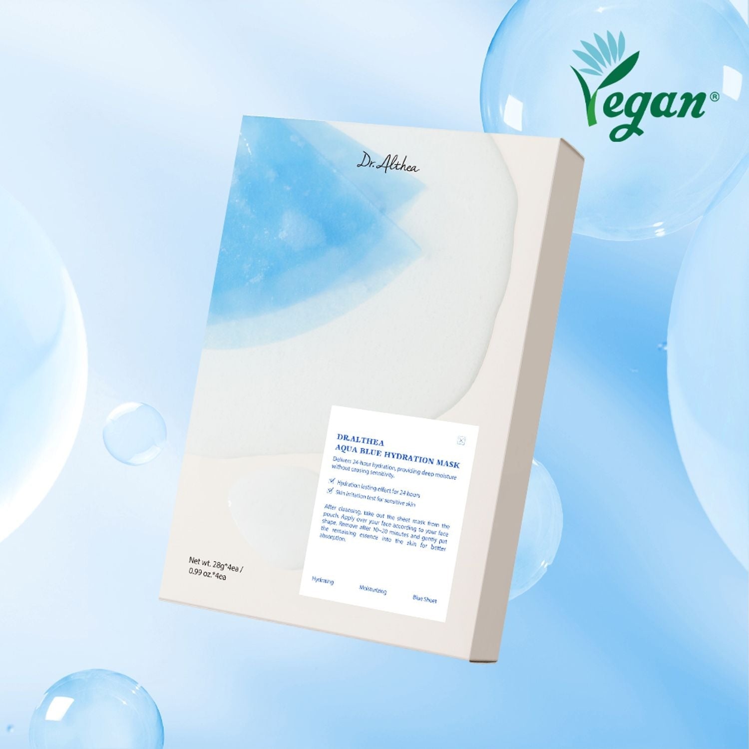 DR.ALTHEA Aqua Blue Hydrating Mask (4ea) packaging featuring vegan label with blue water droplets background