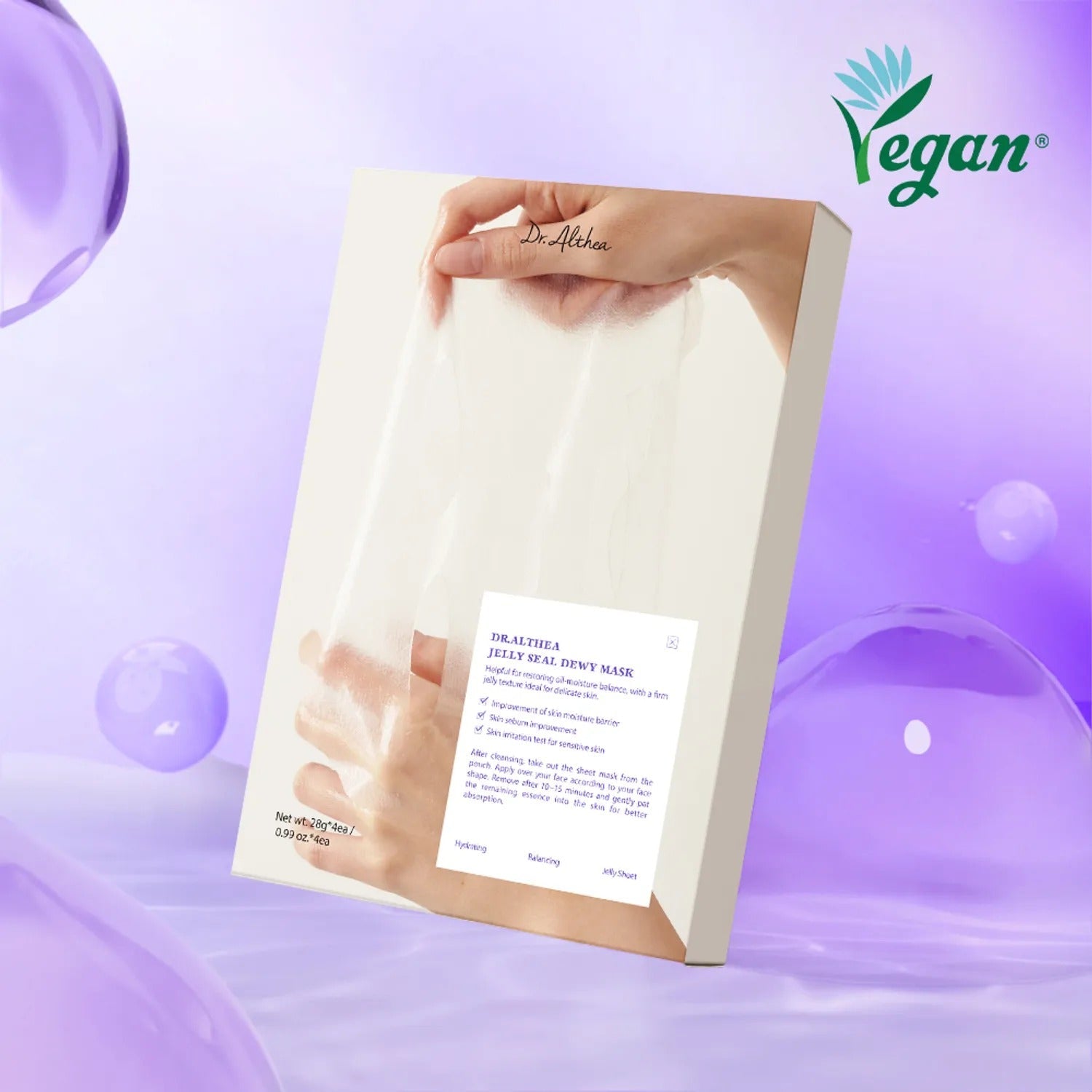Box of DR.ALTHEA Jelly Seal Dewy Mask (4ea) on a purple background with vegan logo and hands holding the mask
