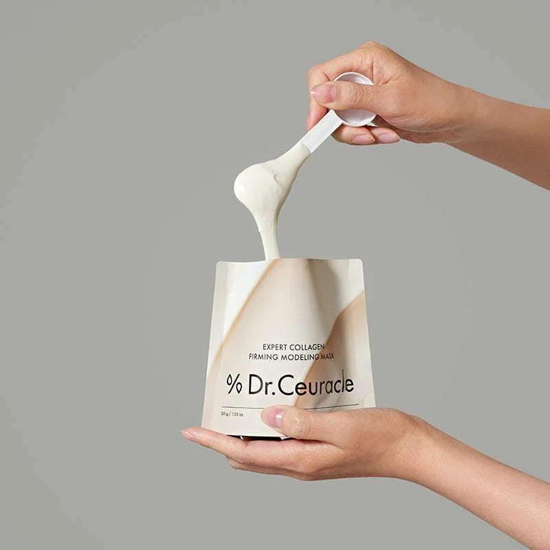Hands holding and pouring DR.CEURACLE Expert Collagen Firming Modeling Mask 30g