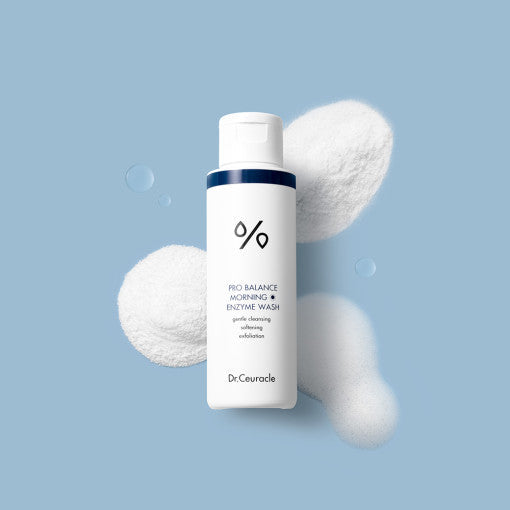 DR.CEURACLE Pro Balance Morning Enzyme Wash 50g bottle on a blue background with foamy bubbles