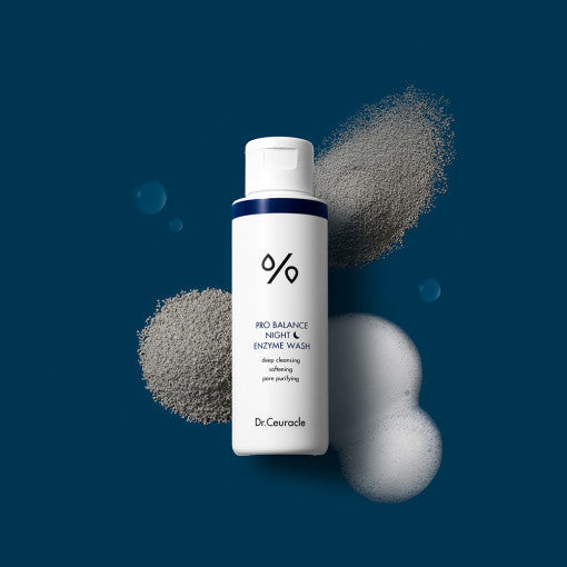 DR.CEURACLE Pro Balance Night Enzyme Wash 50g with foaming texture on dark background