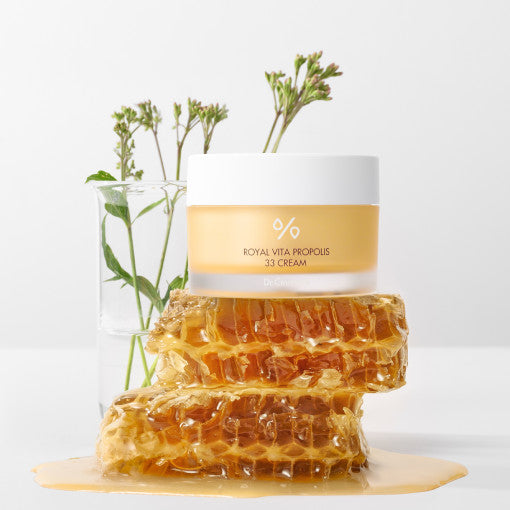 DR.CEURACLE Royal Vita Propolis 33 Cream 50g jar with honeycomb and flowers