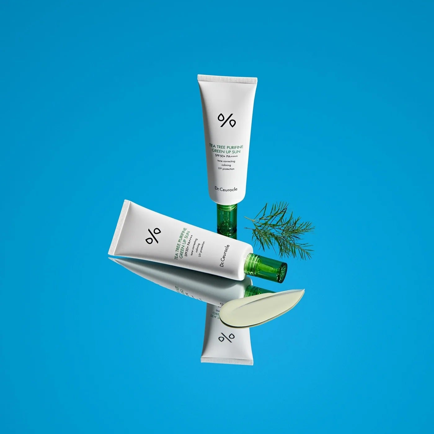 DR.CEURACLE Tea Tree Purifine Green Sup Sun 50ml product image with green elements on blue background