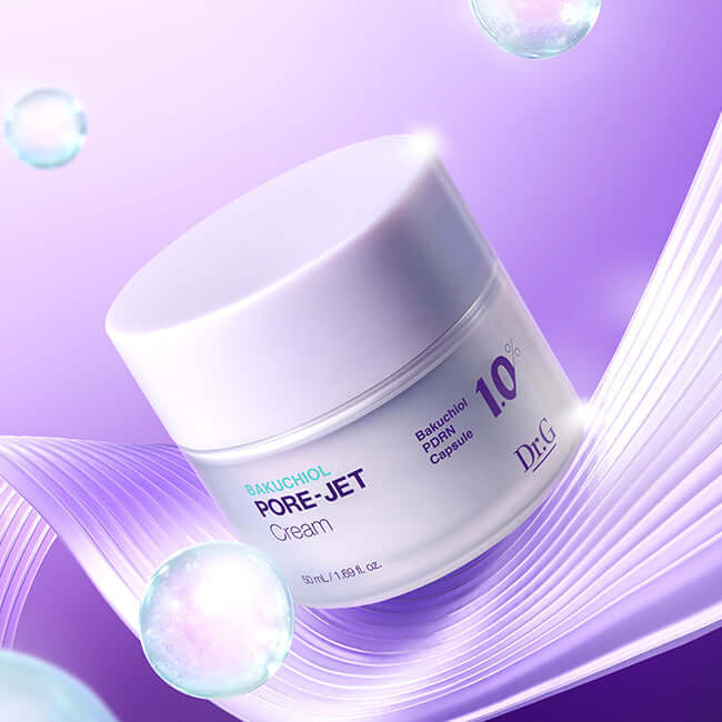 DR.G Bakuchiol Porejet Cream in a sleek white jar, surrounded by a purple background with floating bubbles.