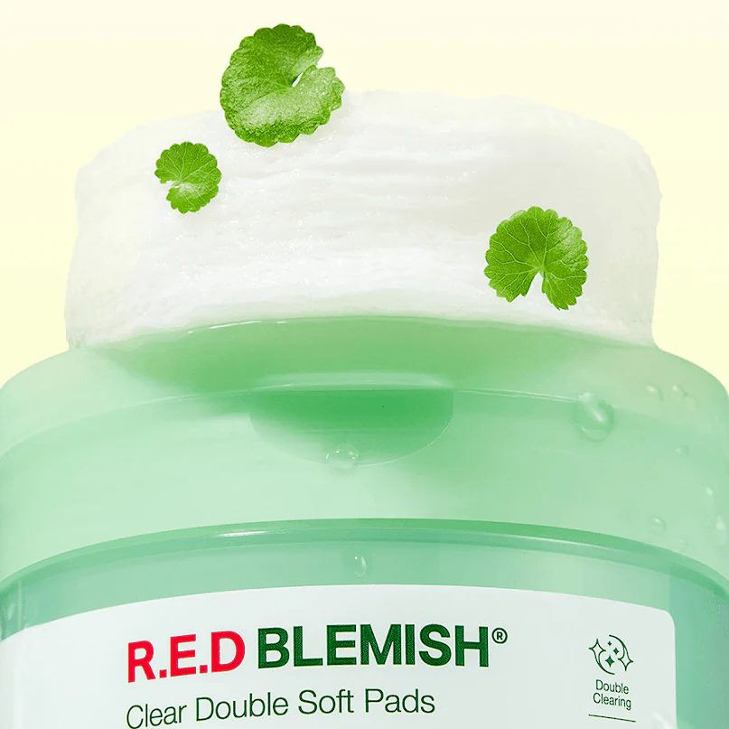 DR.G Red Blemish Clear Double Soft Pads 60 Sheets displayed with a focus on the texture of the soft pads and green leafy accents