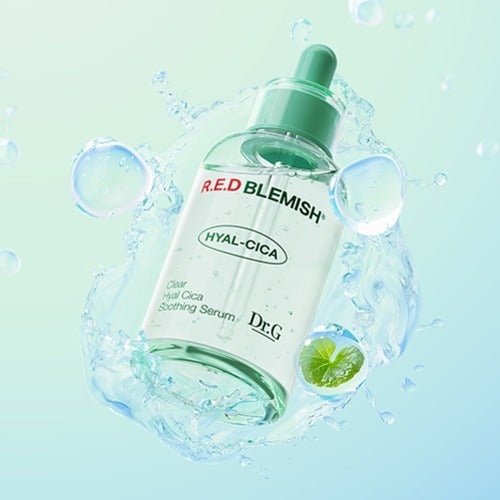 Image of DR.G Red Blemish Clear Hyal Cica Soothing Serum 50ml bottle with water droplets