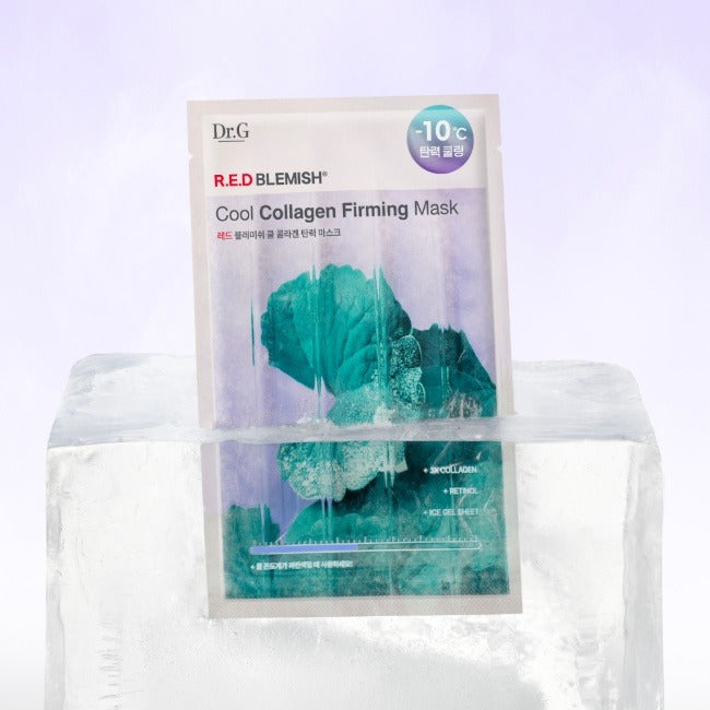 DR.G Red Blemish Cool Collagen Elasticity Mask 10 Sheets placed on ice block for cooling effect