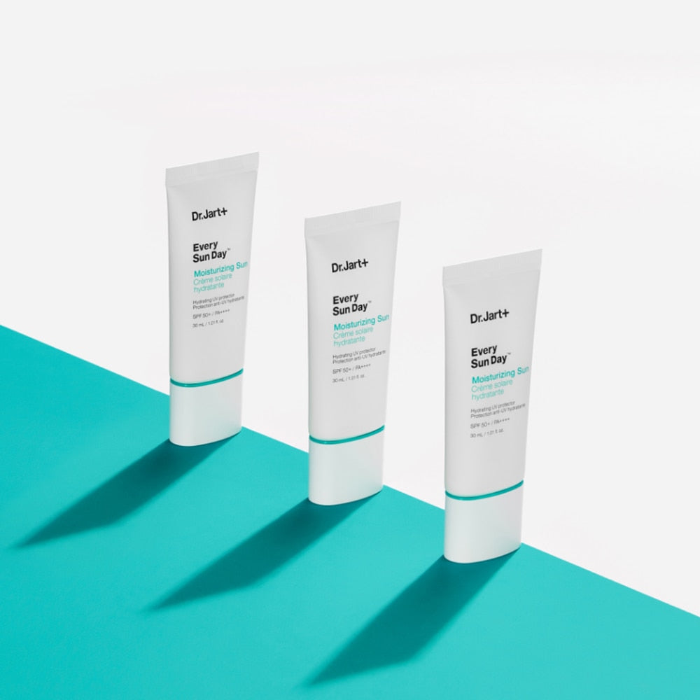 DR.JART+ Every Sun Day Moisturizing Sun 30ml tubes on a turquoise background