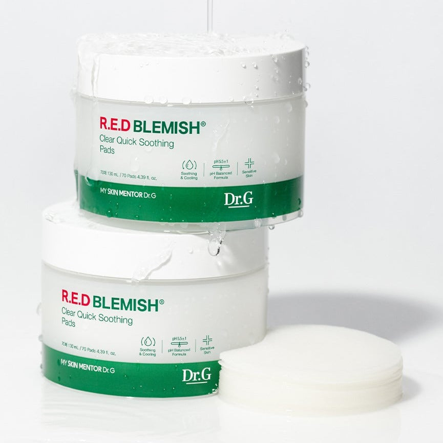 Dr.G Red Blemish Clear Quick Soothing Pads 130ml containers with pads displayed