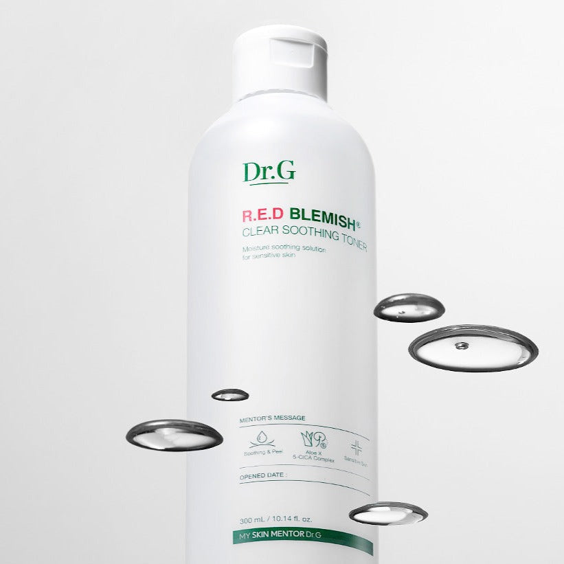 Dr.G Red Blemish Clear Soothing Toner bottle with clear liquid droplets