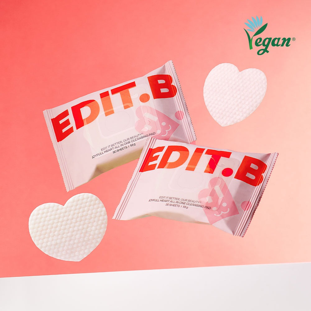 EDIT.B Joyful Heart All-in-One Cleansin Pad 30 Sheets on a pink background with vegan logo
