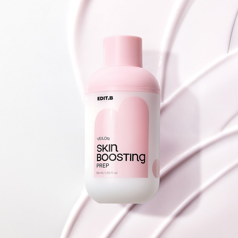 EDIT.B Veil On Skin Boosthing Prep 50ml bottle with pink and white design on styled background