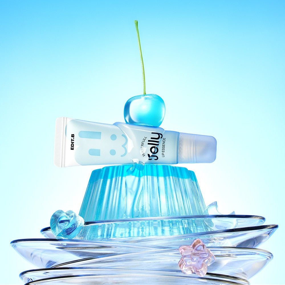 EDIT.B Waterful Jelly Lip Essence 11ml product image with a cherry and blue jelly in the background.