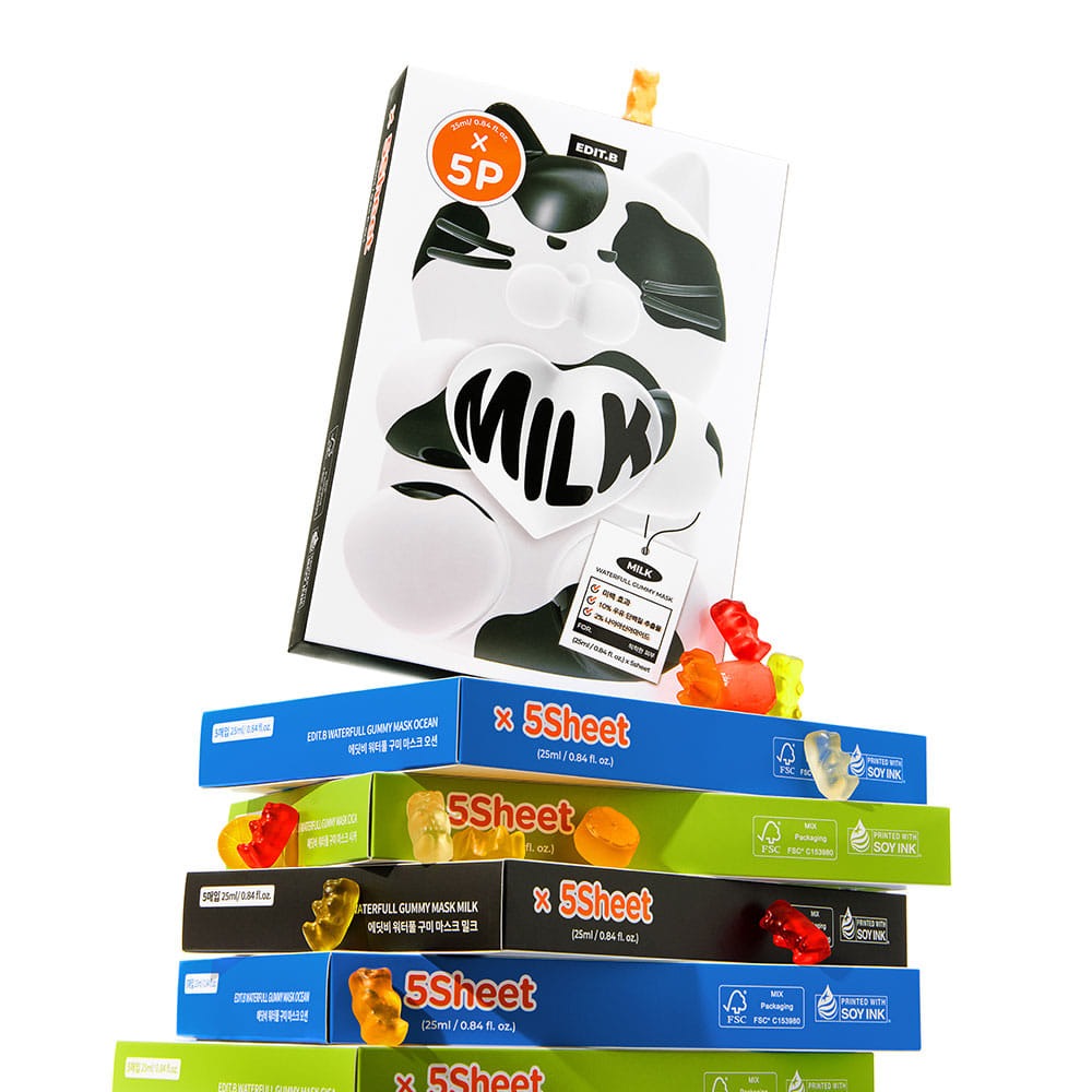 Stack of colorful 5Sheet packages topped with EDIT.B Waterfull Gumi Mask Milk box and gummy bears.
