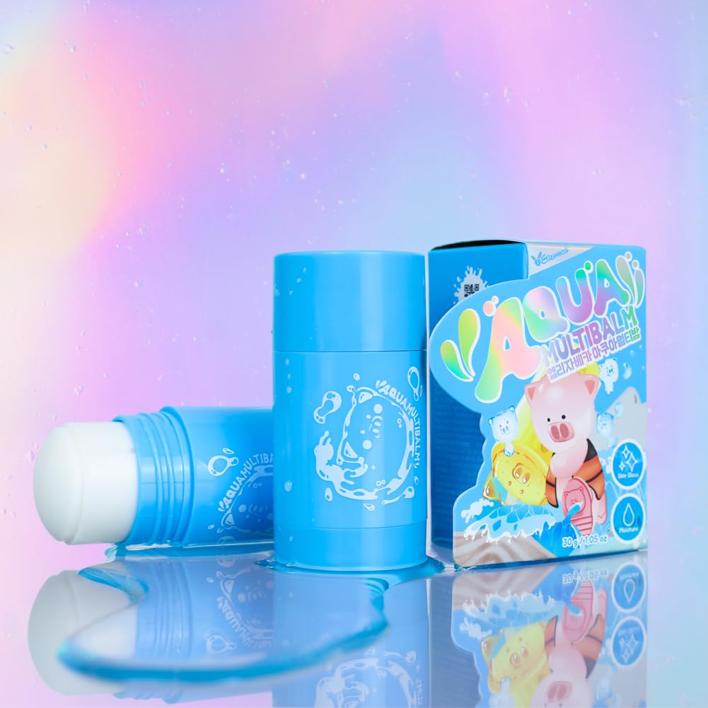 ELIZAVECCA Aqua Multii Balm 30g with colorful packaging displaying piglet cartoon, shows open and closed blue balm stick against pastel background.