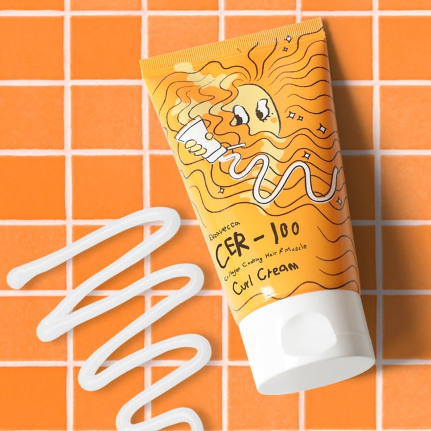 ELIZAVECCA Cer-100 Collagen Coating Hair A+ Muscle Curl Cream 120ml on orange tile background with cream swirl.