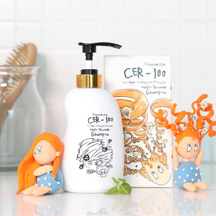 ELIZAVECCA Cer-100 Collagen Coating Hair A+ Muscle Hell Tornado Shampoo 500ml with decorative figurines on a counter