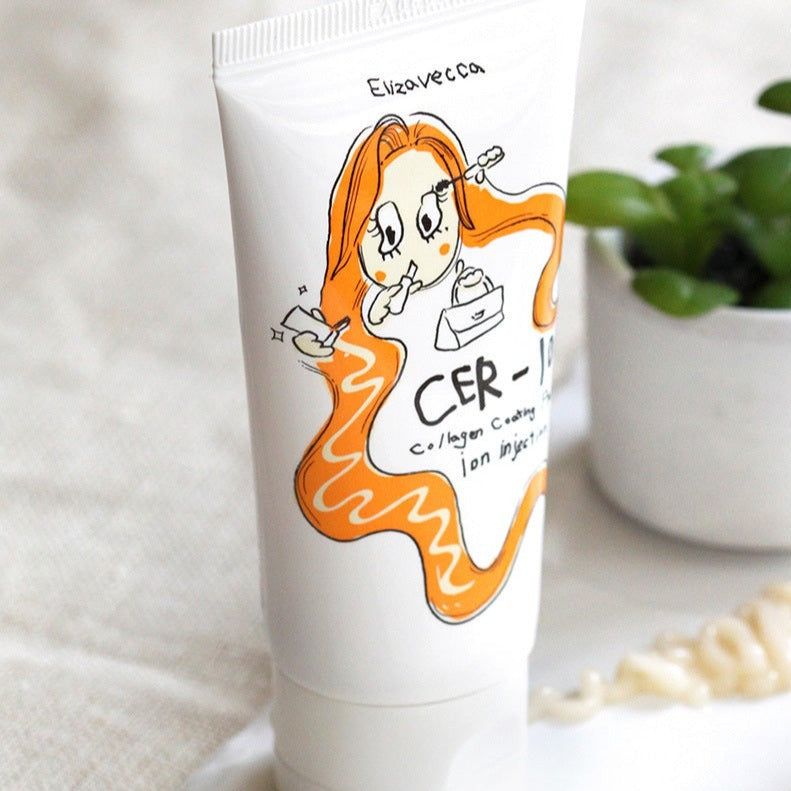 ELIZAVECCA Cer-100 Collagen Coating Protein Ion Injection 50ml tube on white surface with design illustration and green plant