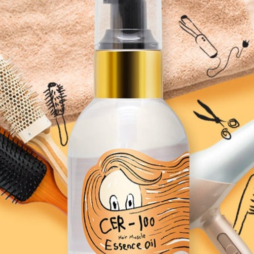 ELIZAVECCA Cer-100 Hair Muscle Essence Oil 100ml bottle with hair styling tools in the background.