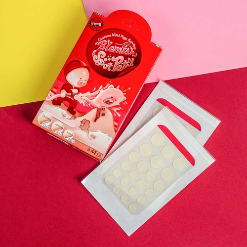 ELIZAVECCA Witch Piggy Hell-Pore Blemish Spot Patch 44 EA packaging and patches displayed on colorful background.