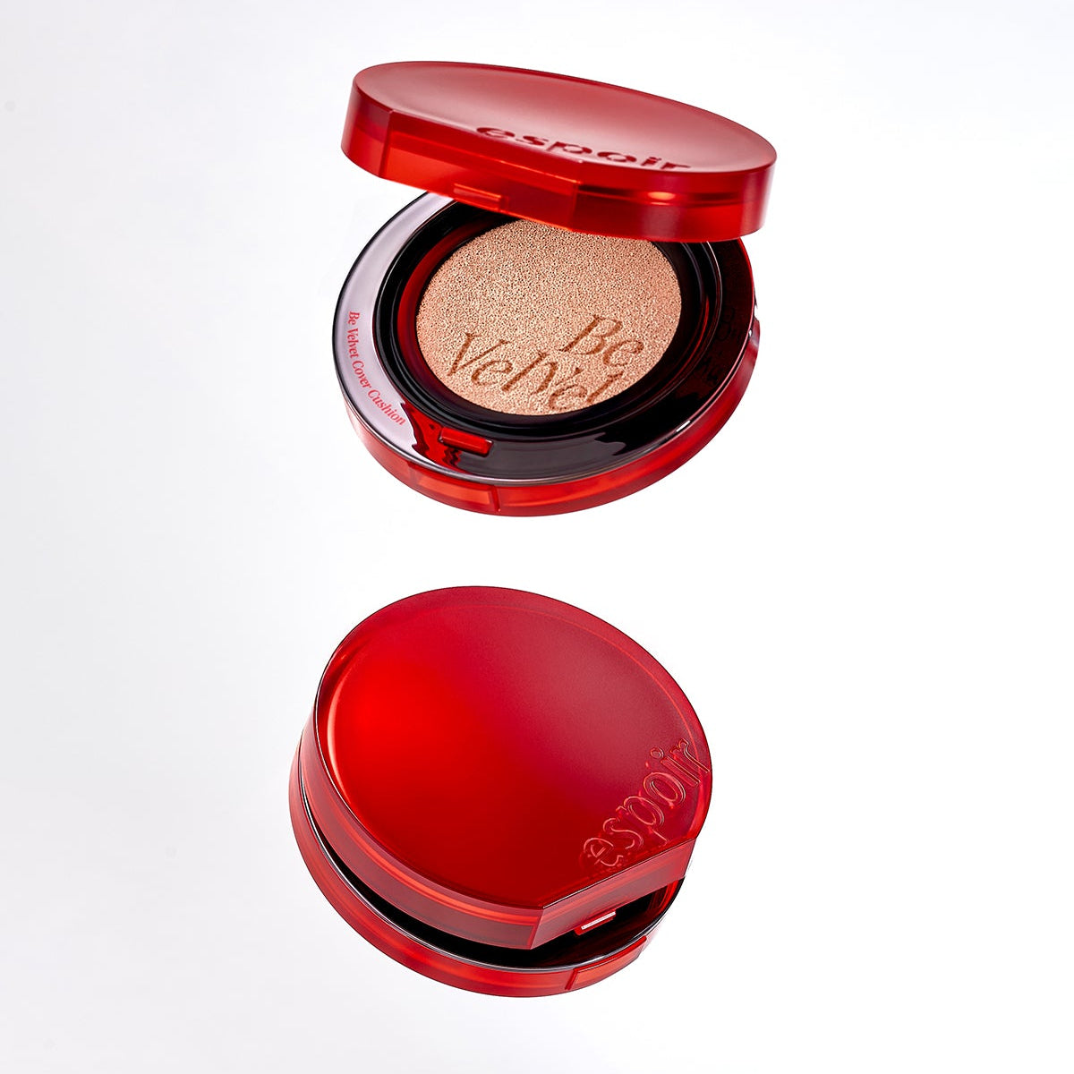 Open and closed views of ESPOIR BE VELVET COVER CUSHION SPF42 PA++, red compact design showing the cushion foundation.