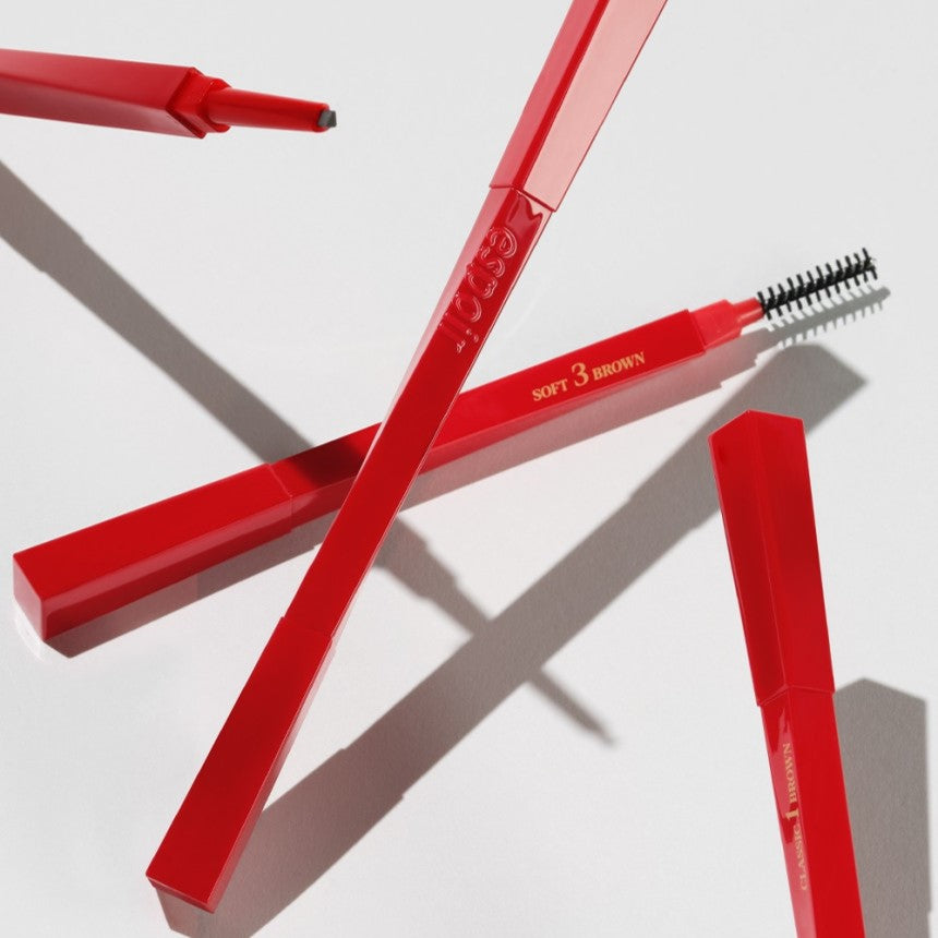 Close-up of ESPOIR The Brow Balance Pencil in soft brown with brush applicator