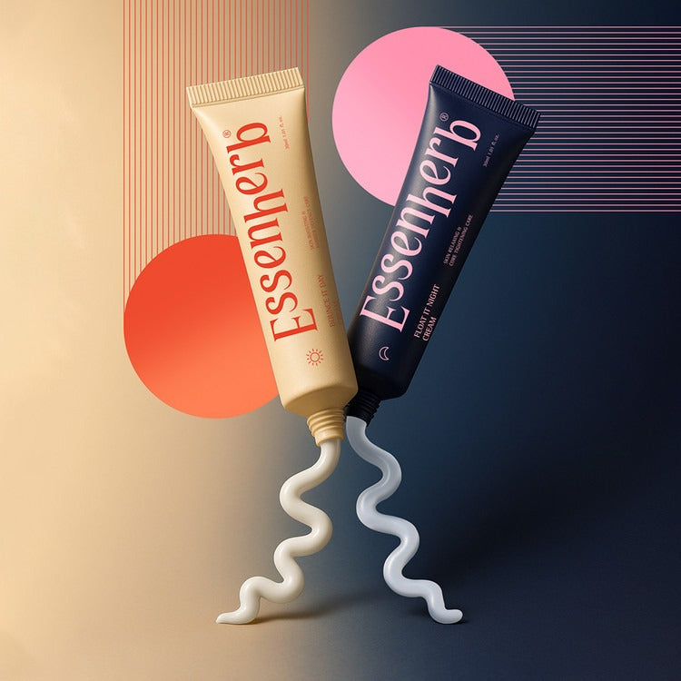 ESSENHERB Day To Night Routine Program 30ml with artistic design, two tubes of skincare products displayed with cream swirls.