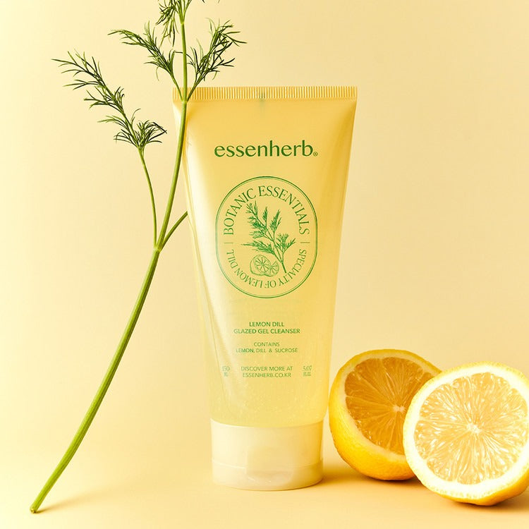 ESSENHERB Lemon Dill Glazed Gel Cleanser 150ml tube with lemon and dill on yellow background