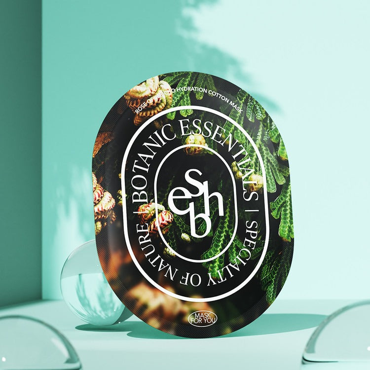 ESSENHERB Rose of Jericho Hydration Cotton Mask 5EA product packaging on a pastel surface with natural elements