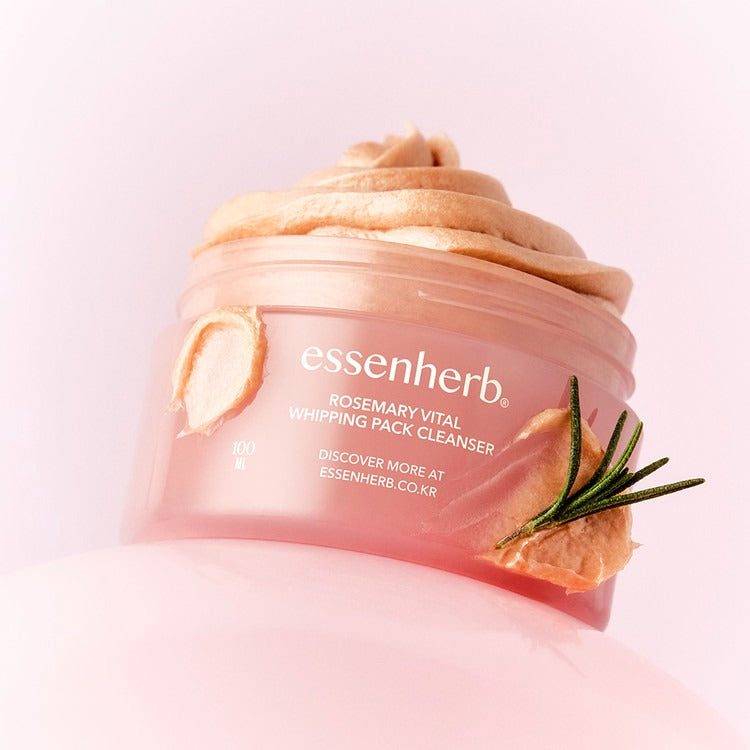 ESSENHERB Rosemarry Vital Whipping Pack Cleanser 100ml in a pink container with rosemary and cream texture.