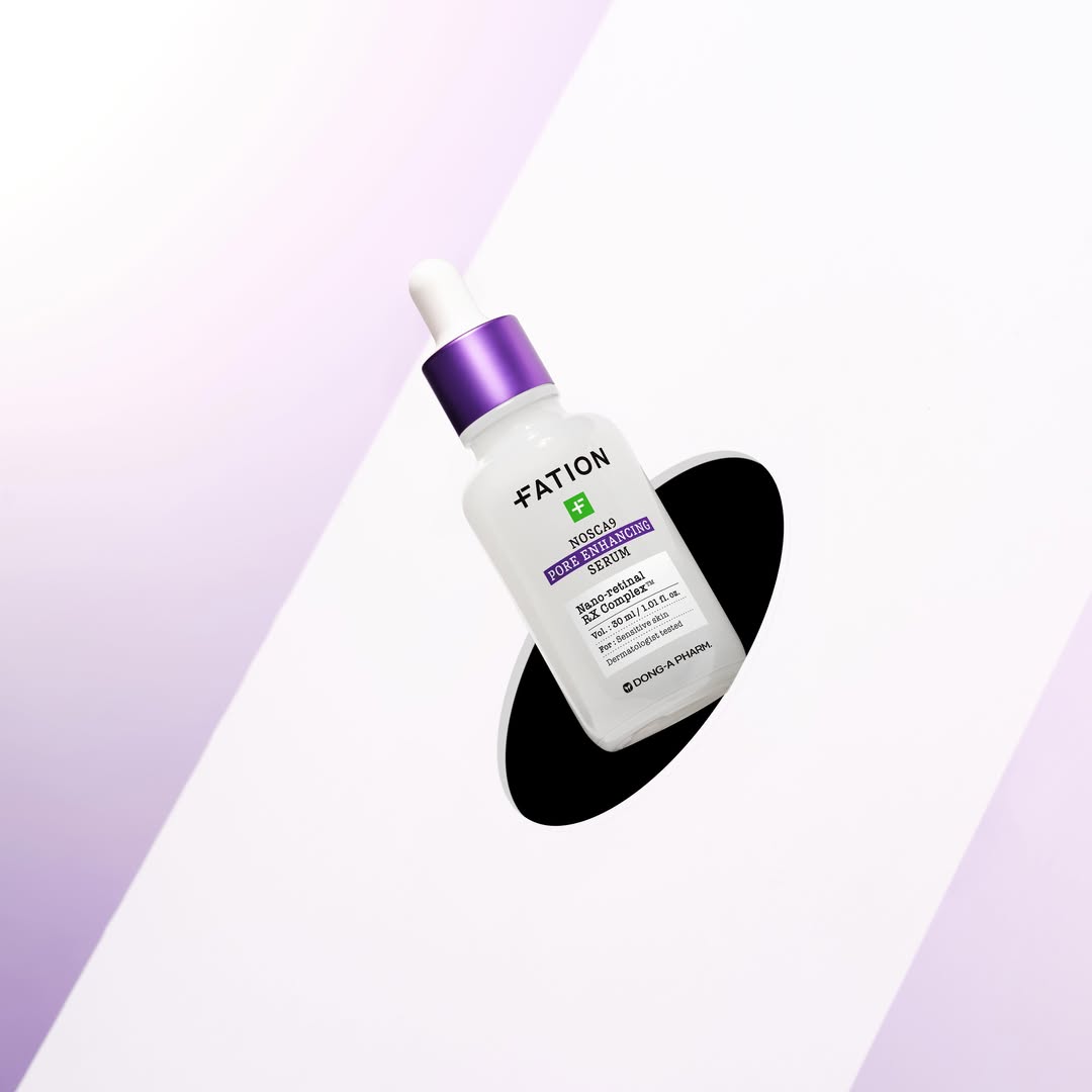 FATION Nosca9 Pore Enhacing Serum 30ml bottle with purple cap on geometric background