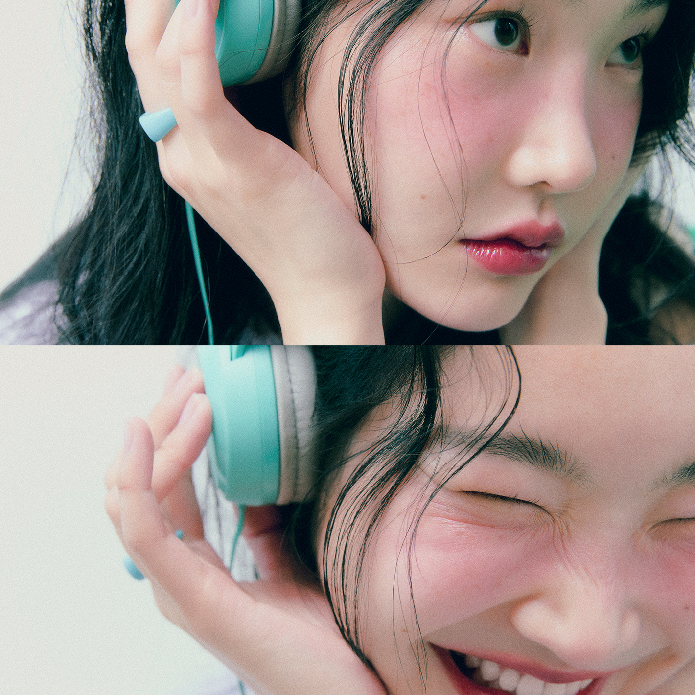 Person wearing headphones showing vibrant cheeks, possibly using FEEV Hyper-Fit Color Serum Mini Blush.