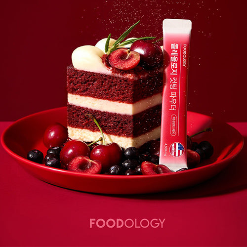 FOODOLOGY Cutting Powder beside a slice of cake with cherries and berries, highlighting the product's versatile culinary use.