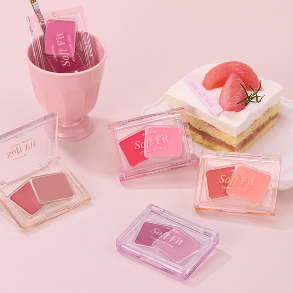 FORENCOS Soft Fitting Cream Blusher in various shades with cake and pink cup background.