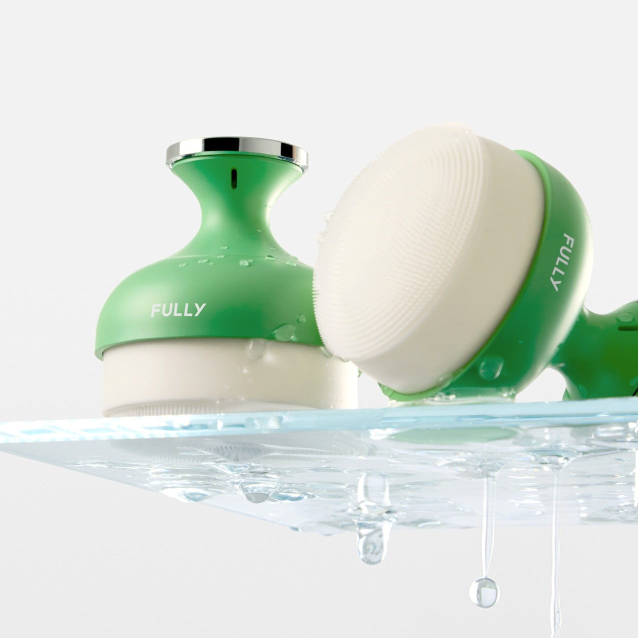 FULLY Pore brush resting on a wet surface, showcasing its compact design and bristle texture.