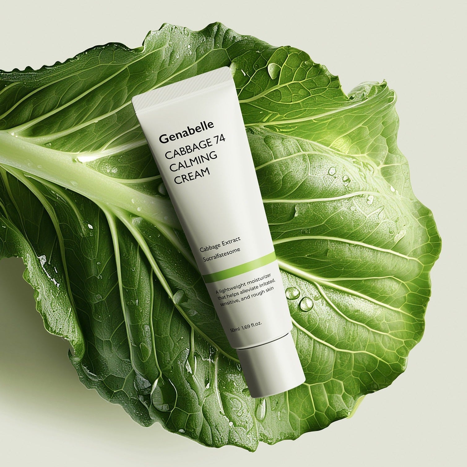 GENABELLE Cabbage 74 Calming Cream 50ml displayed on fresh cabbage leaf background
