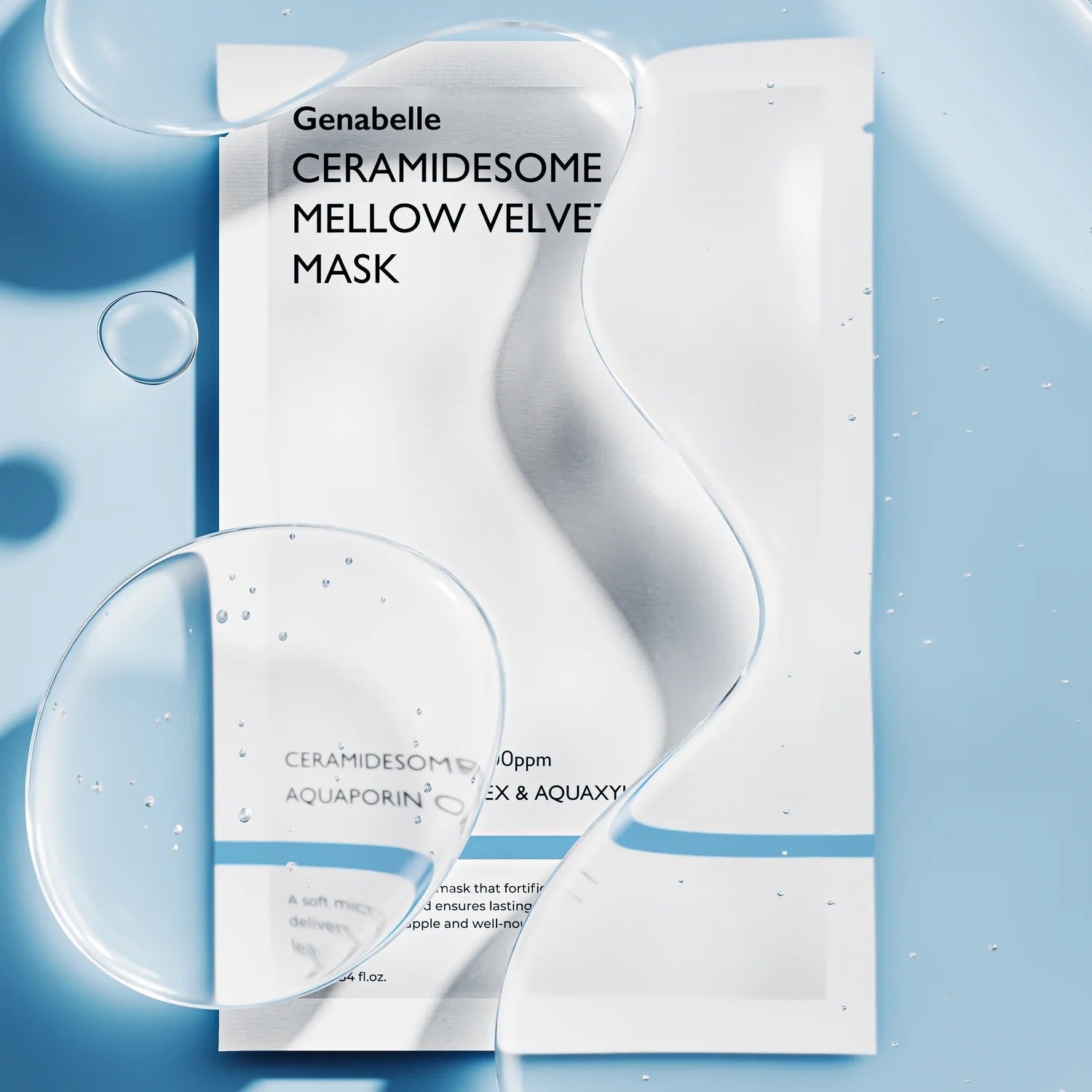 GENABELLE Ceramidsome Mellow Velvet Mask 5ea product packaging with water droplets on a light blue background.