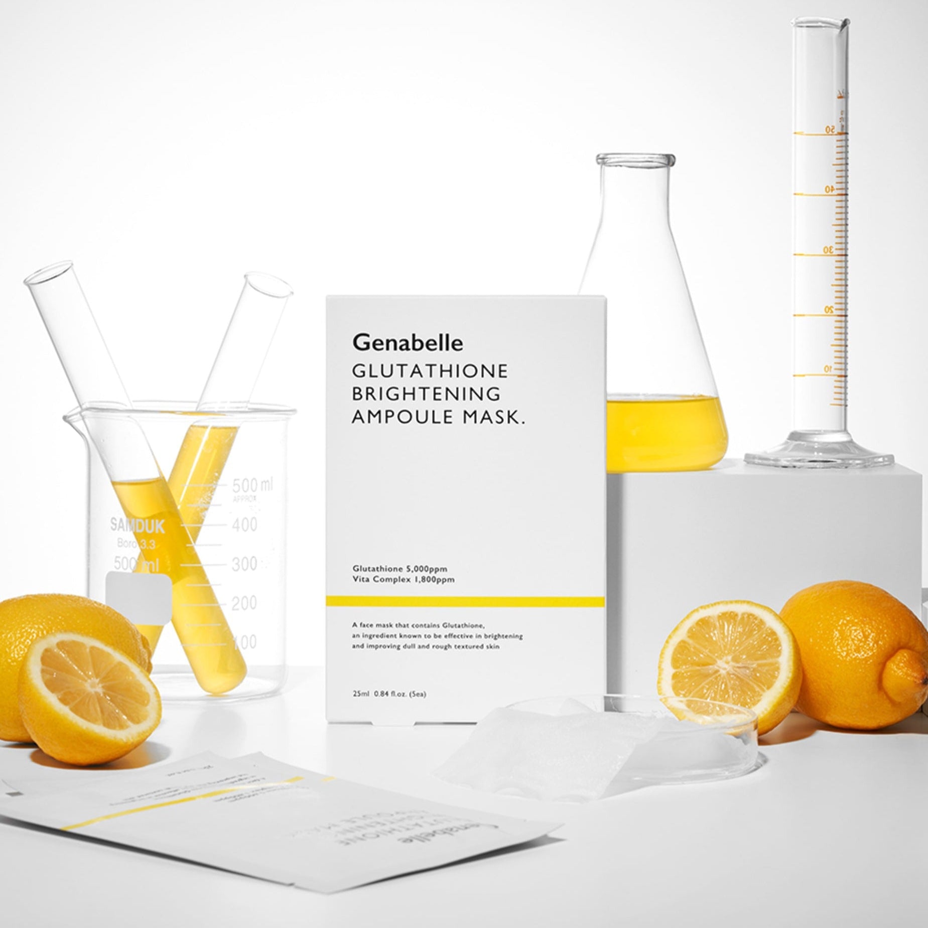 GENABELLE Glutathione Brightening Ampoule Mask 5ea with lemons and lab equipment in background.