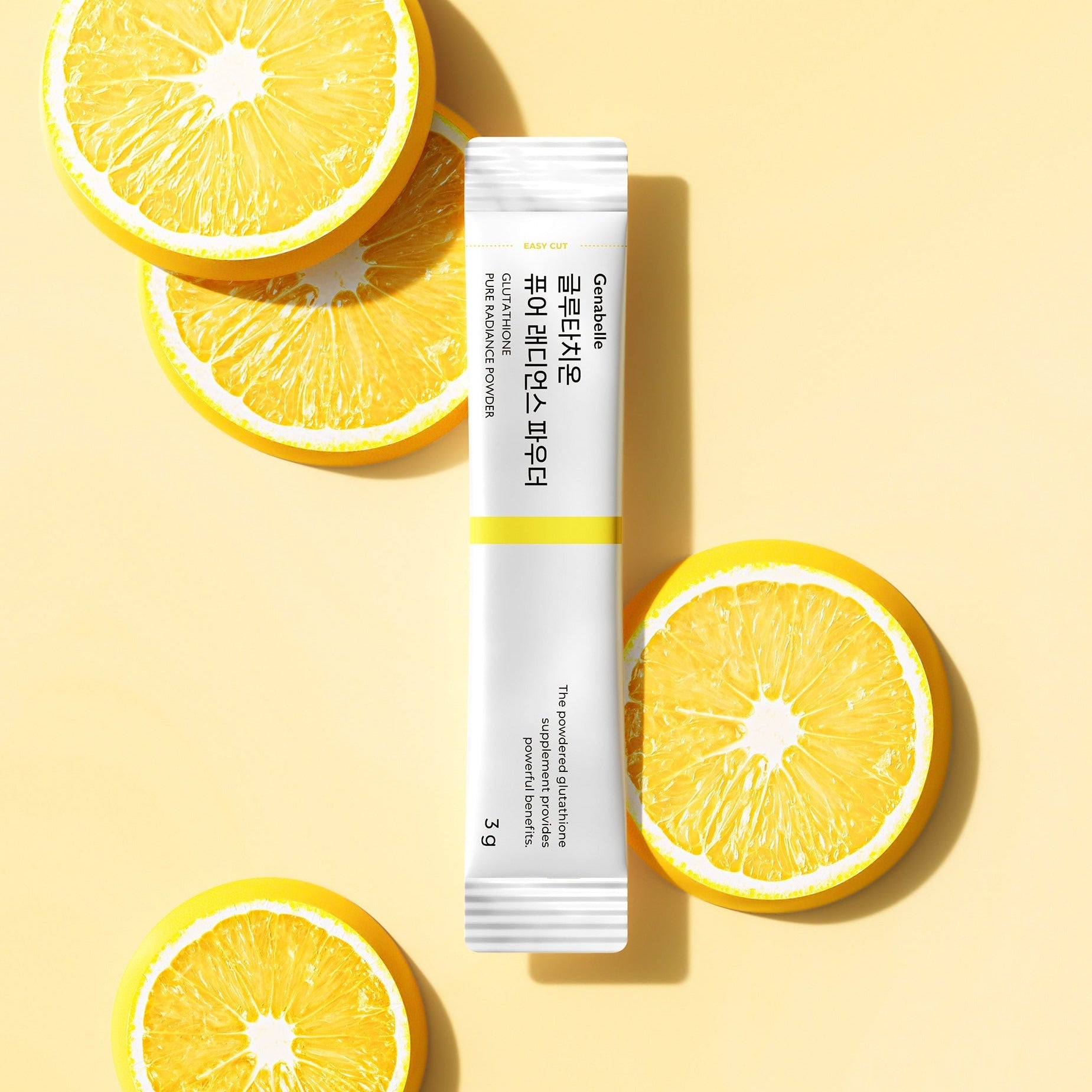 GENABELLE Glutathione Pure Radiance Powder 20ea stick pack with fresh citrus slices on a yellow background