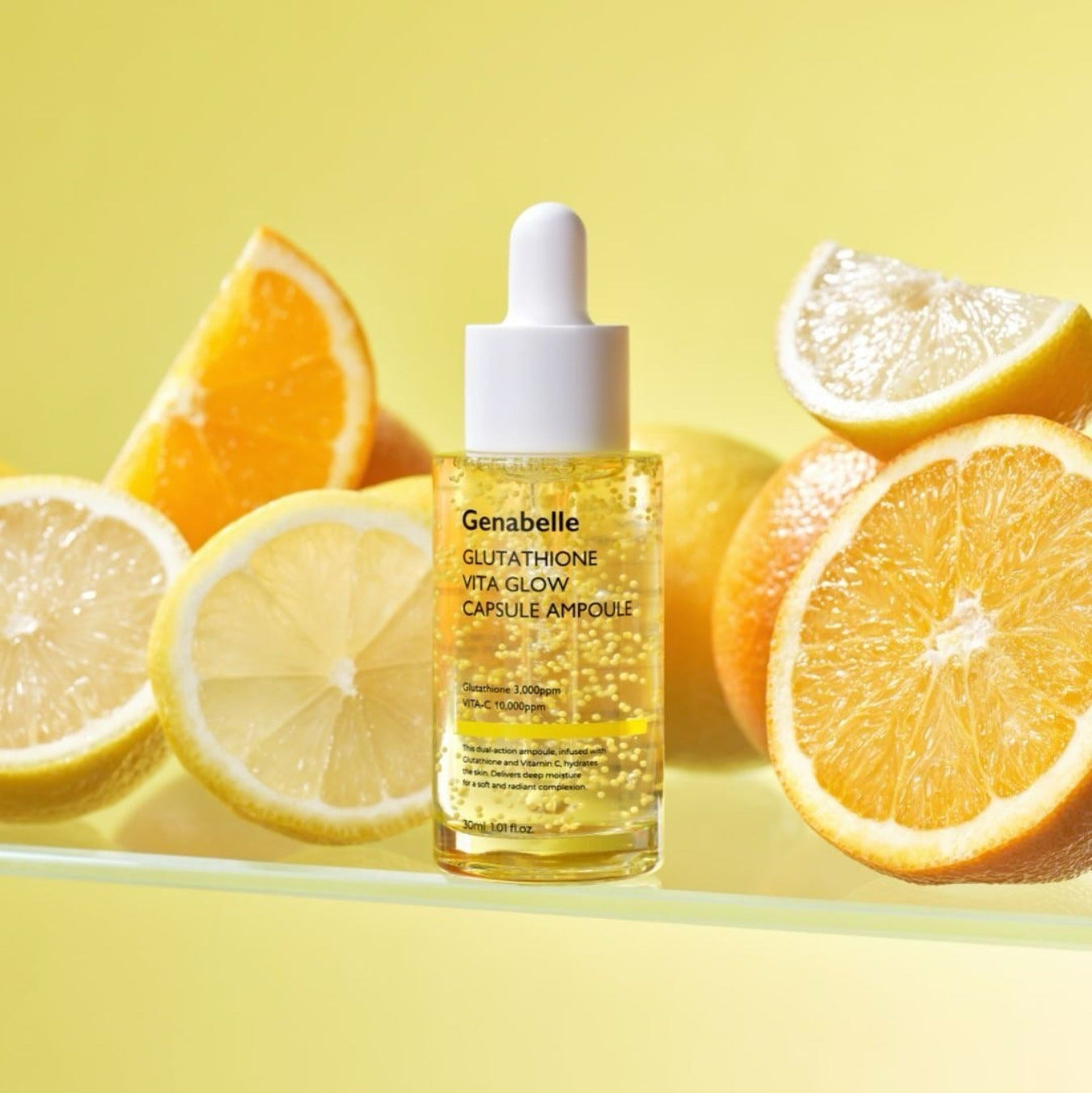 GENABELLE Glutathione Vita Glow Capsule Ampoule 30ml with citrus fruits background.